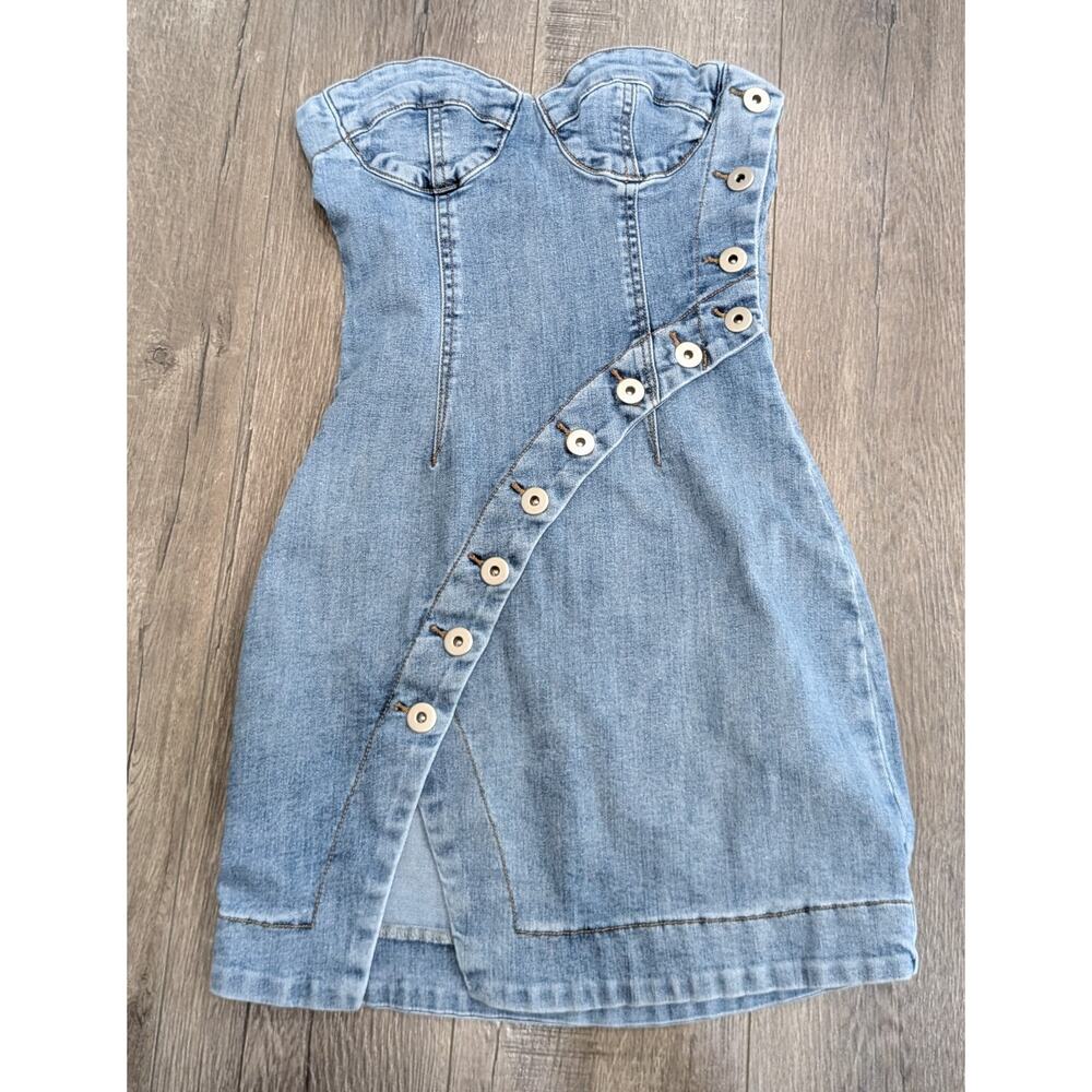 Coastal Cowgirl Y2K Wesstern Denim Bustier Mini Dress Asymmetrical Button XS